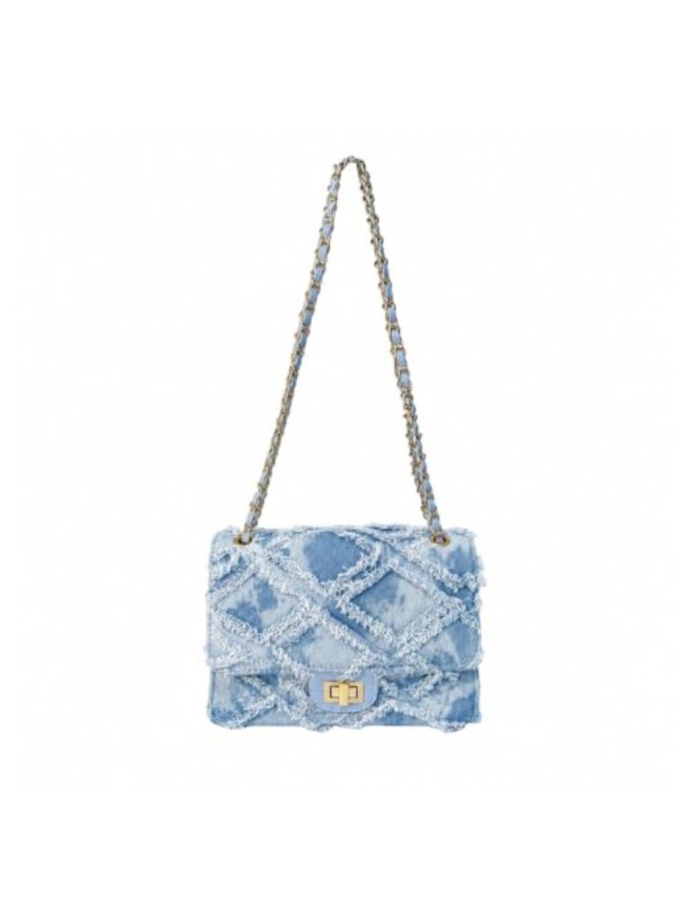 Quilted Denim Shoulder Bag Crossbody Purse with Chain Strap Distressed Frayed